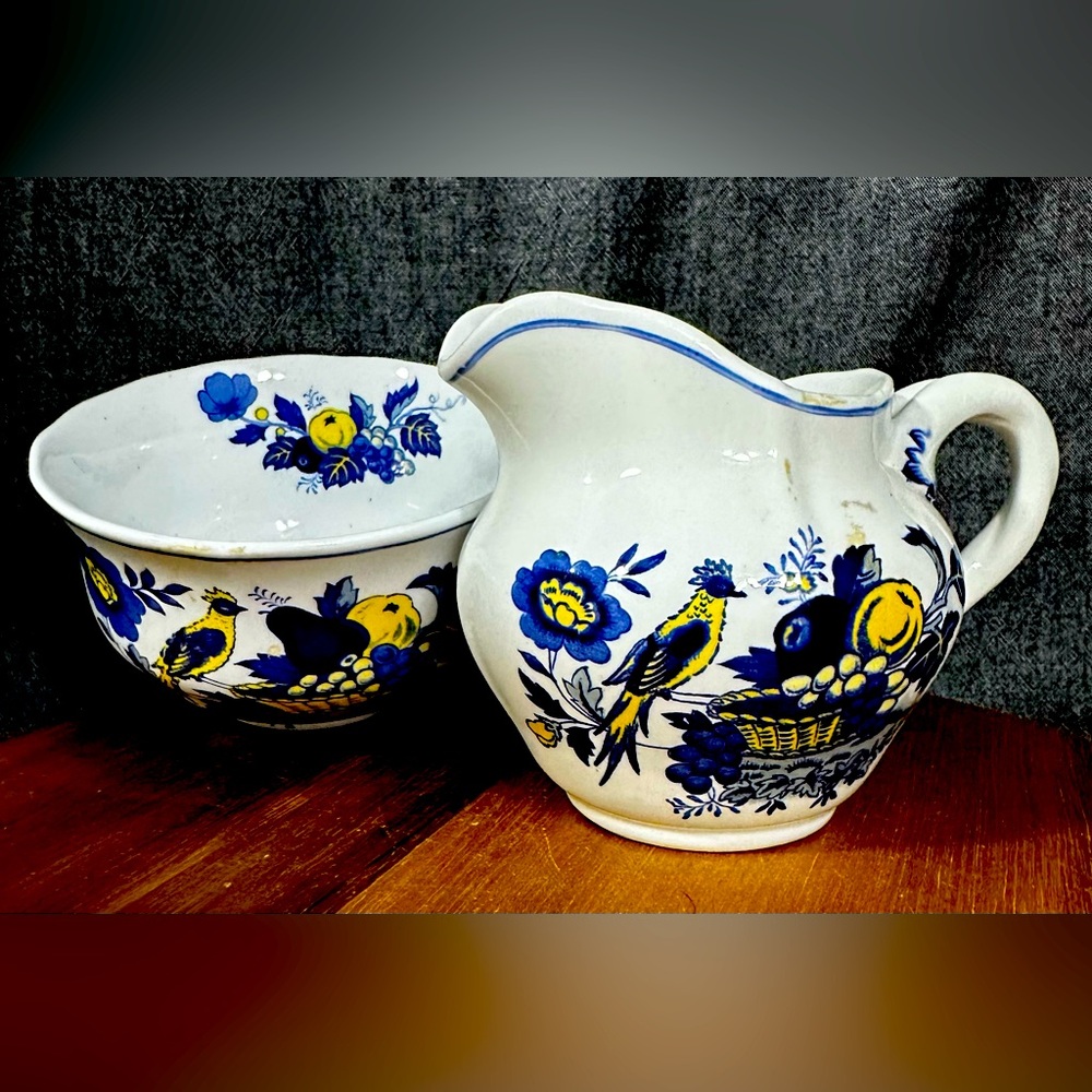 Spode England S3274 Blue Bird Floral Blue Yellow Ceramic creamer open sugar Set